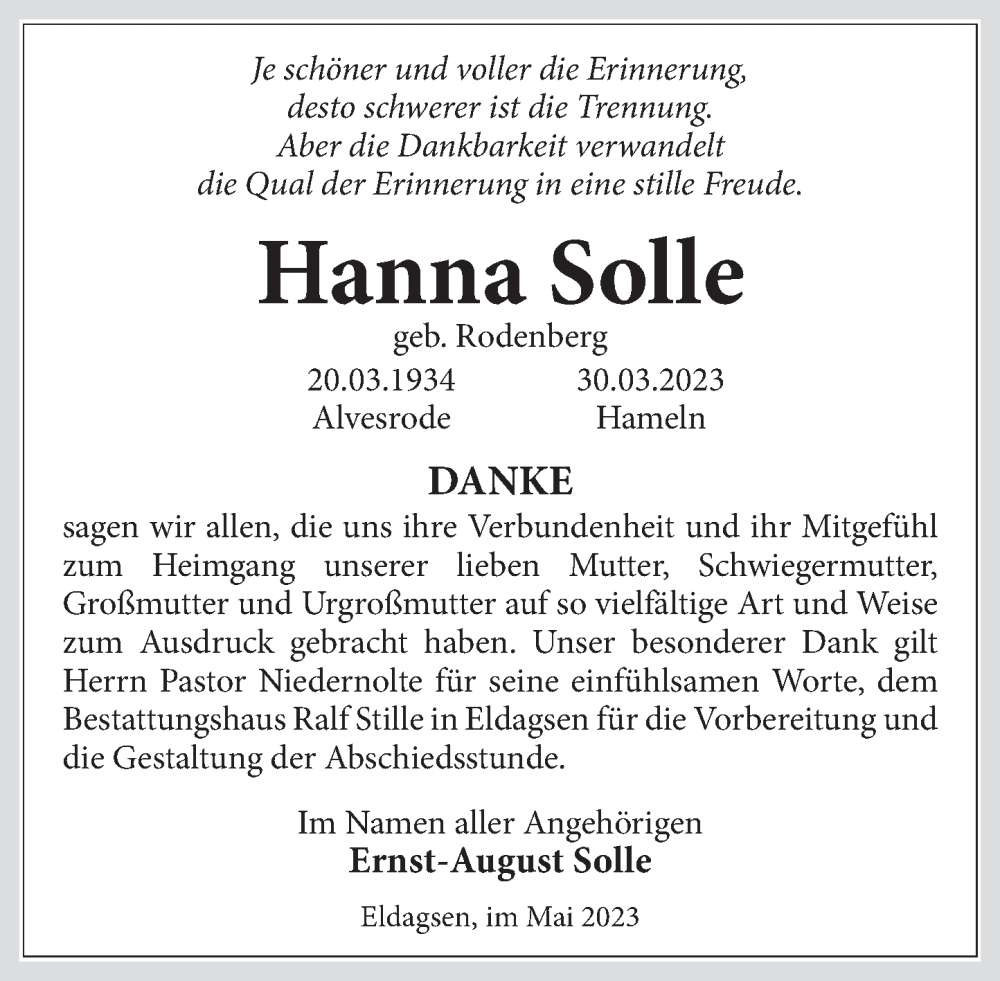  Traueranzeige für Hanna Solle vom 13.05.2023 aus Neue Deister-Zeitung