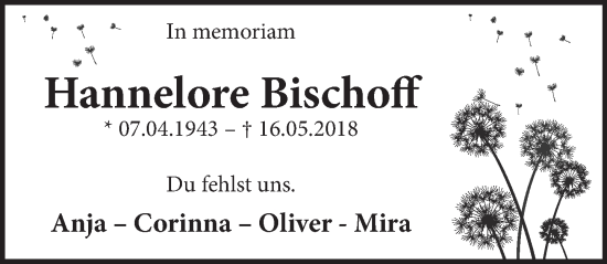 Traueranzeige von Hannelore Bischoff von Neue Deister-Zeitung