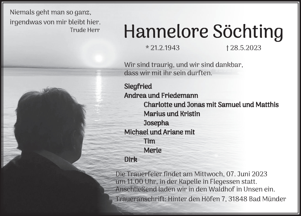  Traueranzeige für Hannelore Söchting vom 03.06.2023 aus Deister- und Weserzeitung