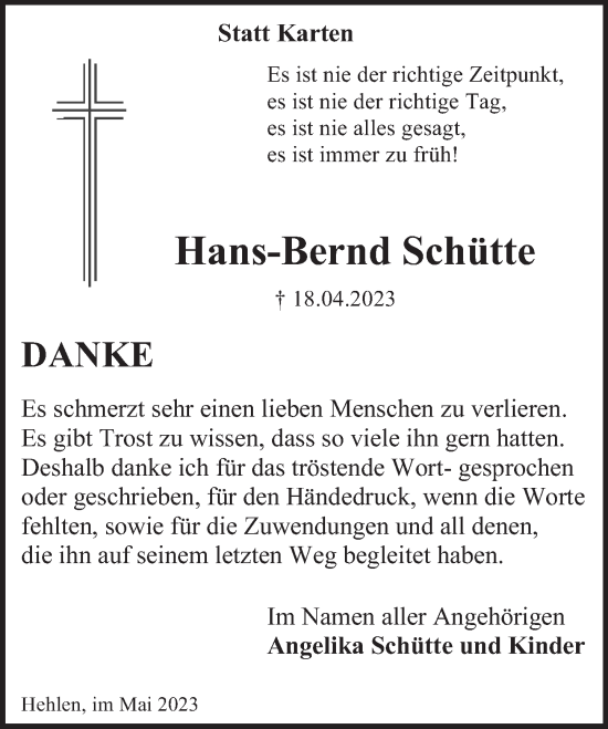 Traueranzeige von Hans-Bernd Schütte von Deister- und Weserzeitung