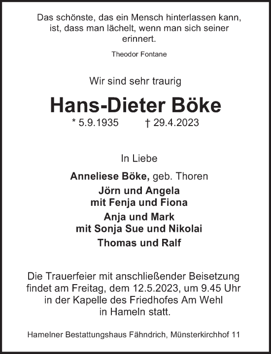 Traueranzeige von Hans-Dieter Böke von Deister- und Weserzeitung