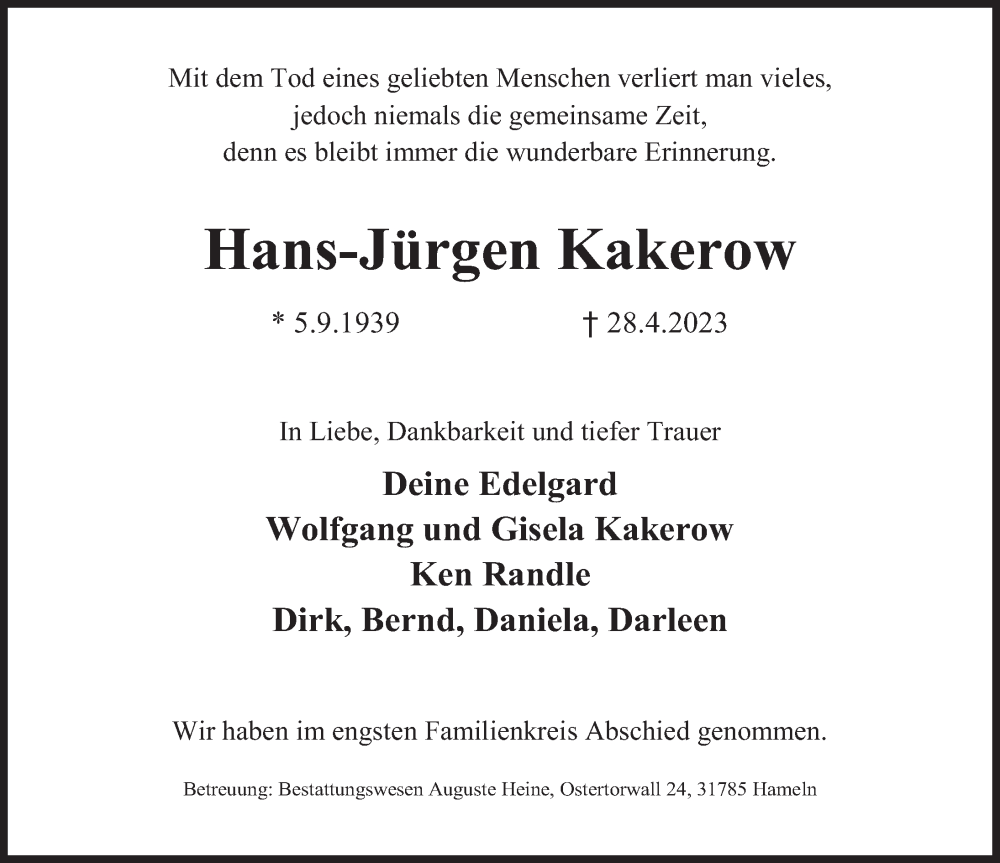  Traueranzeige für Hans-Jürgen Kakerow vom 27.05.2023 aus Deister- und Weserzeitung
