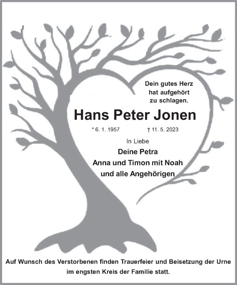  Traueranzeige für Hans Peter Jonen vom 20.05.2023 aus Deister- und Weserzeitung