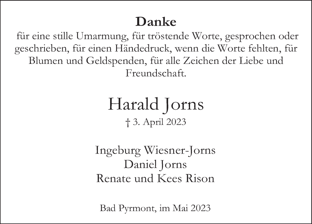  Traueranzeige für Harald Jorns vom 20.05.2023 aus Deister- und Weserzeitung