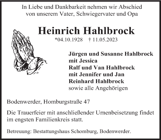 Traueranzeige von Heinrich Hahlbrock von Deister- und Weserzeitung