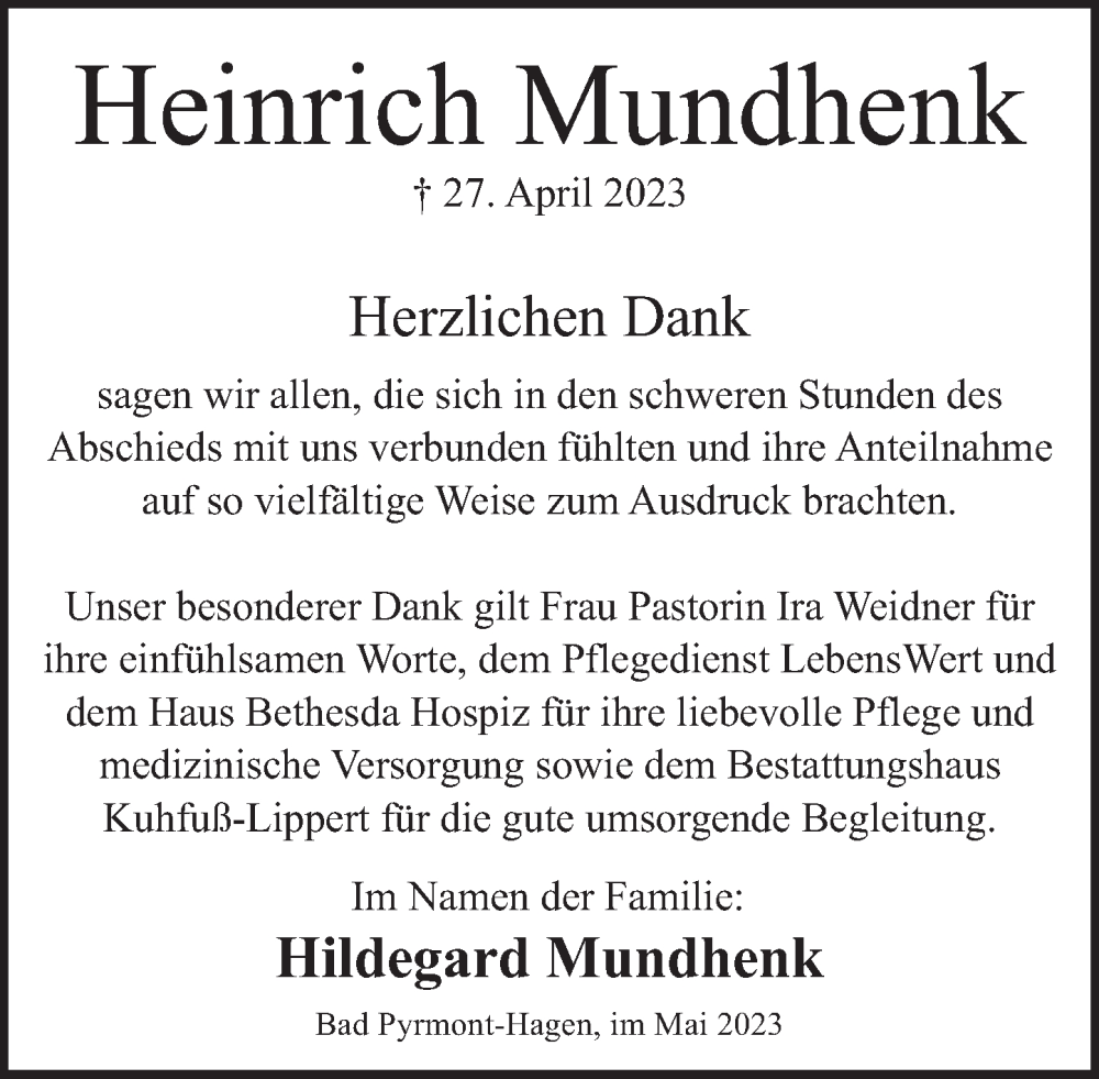  Traueranzeige für Heinrich Mundhenk vom 20.05.2023 aus Deister- und Weserzeitung