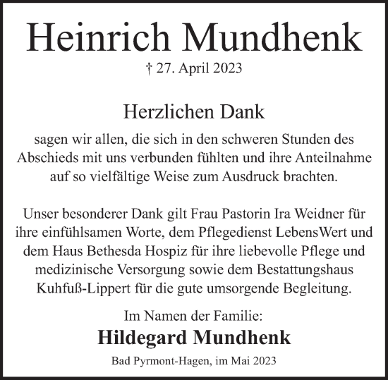 Traueranzeige von Heinrich Mundhenk von Deister- und Weserzeitung