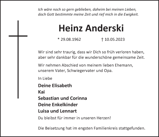 Traueranzeige von Heinz Anderski von Deister- und Weserzeitung