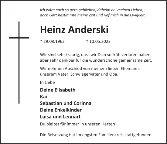 Traueranzeige von Heinz Anderski von Deister- und Weserzeitung