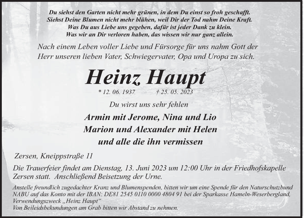  Traueranzeige für Heinz Haupt vom 03.06.2023 aus Deister- und Weserzeitung