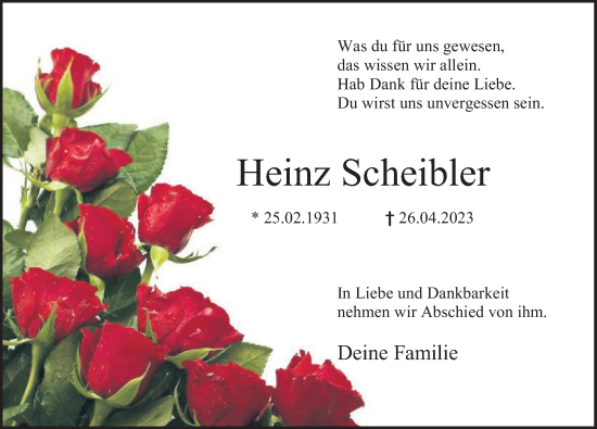 Traueranzeige von Heinz Scheibler von Deister- und Weserzeitung