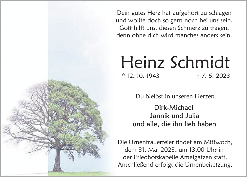 Traueranzeige für Heinz Schmidt vom 26.05.2023 aus Deister- und Weserzeitung