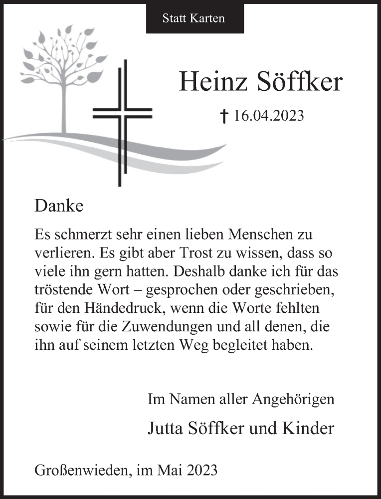  Traueranzeige für Heinz Söffker vom 13.05.2023 aus Deister- und Weserzeitung