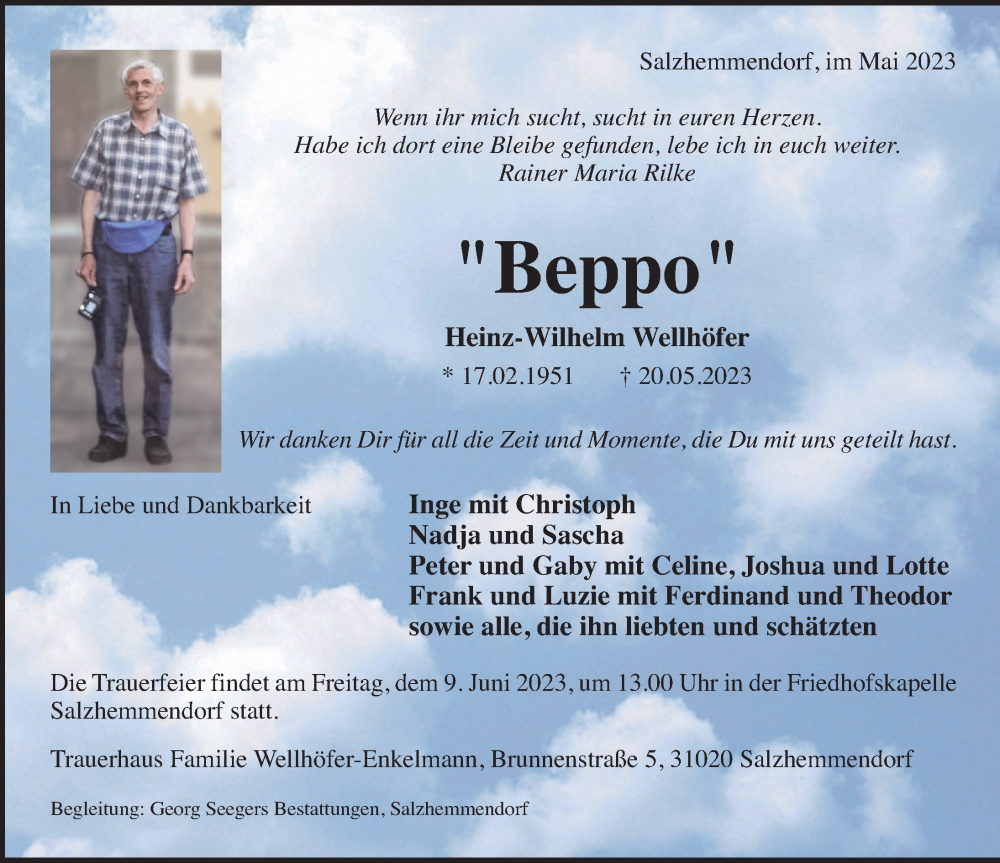  Traueranzeige für Heinz-Wilhelm Wellhöfer vom 27.05.2023 aus Deister- und Weserzeitung