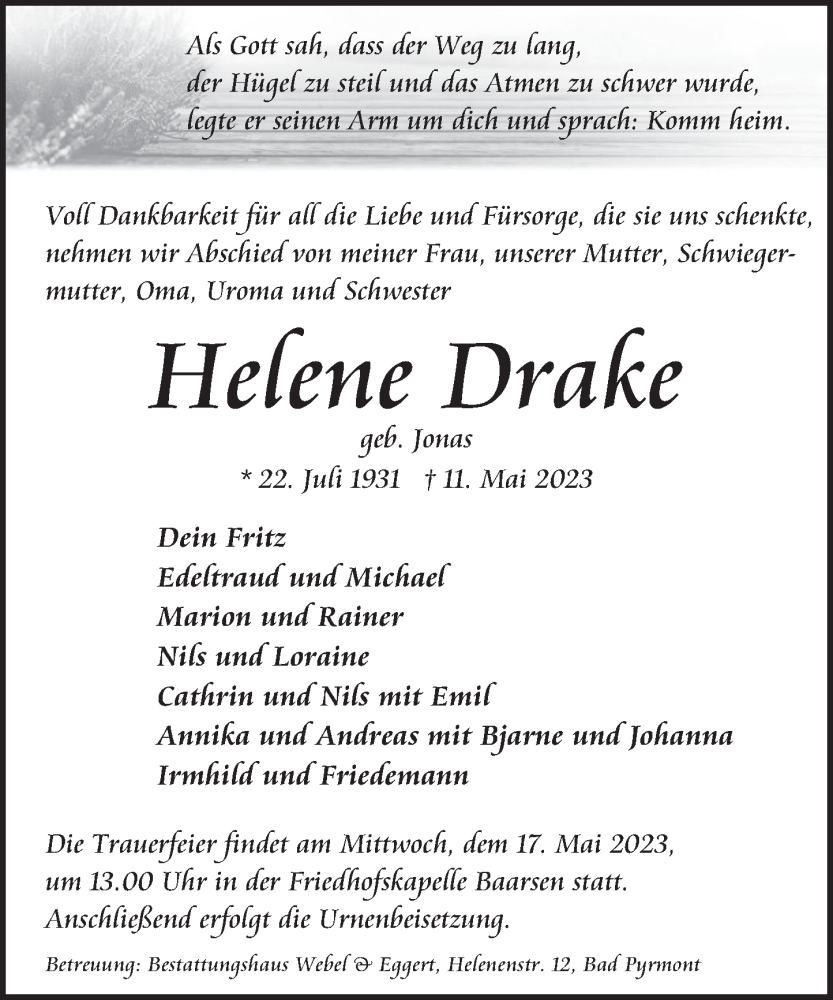  Traueranzeige für Helene Drake vom 15.05.2023 aus Deister- und Weserzeitung