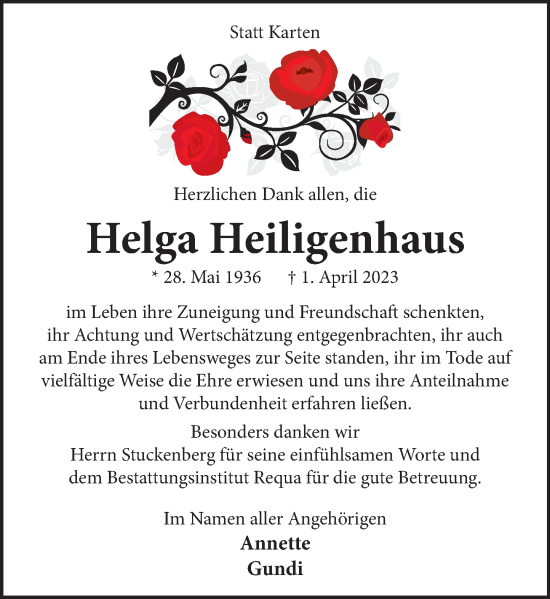 Traueranzeige von Helga Heiligenhaus von Neue Deister-Zeitung