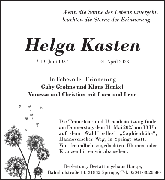 Traueranzeige von Helga Kasten von Neue Deister-Zeitung