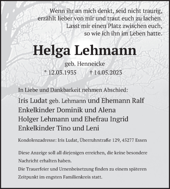Traueranzeige von Helga Lehmann von Deister- und Weserzeitung