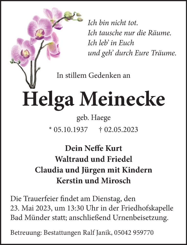  Traueranzeige für Helga Meinecke vom 20.05.2023 aus Neue Deister-Zeitung