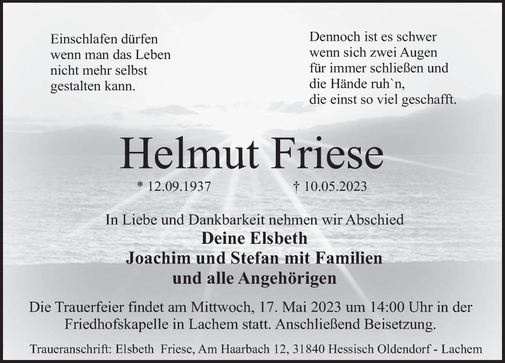  Traueranzeige für Helmut Friese vom 13.05.2023 aus Deister- und Weserzeitung
