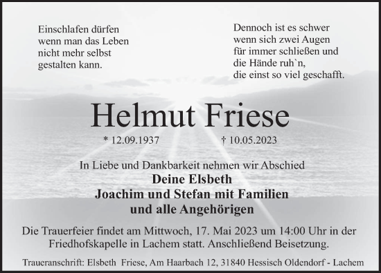 Traueranzeige von Helmut Friese von Deister- und Weserzeitung