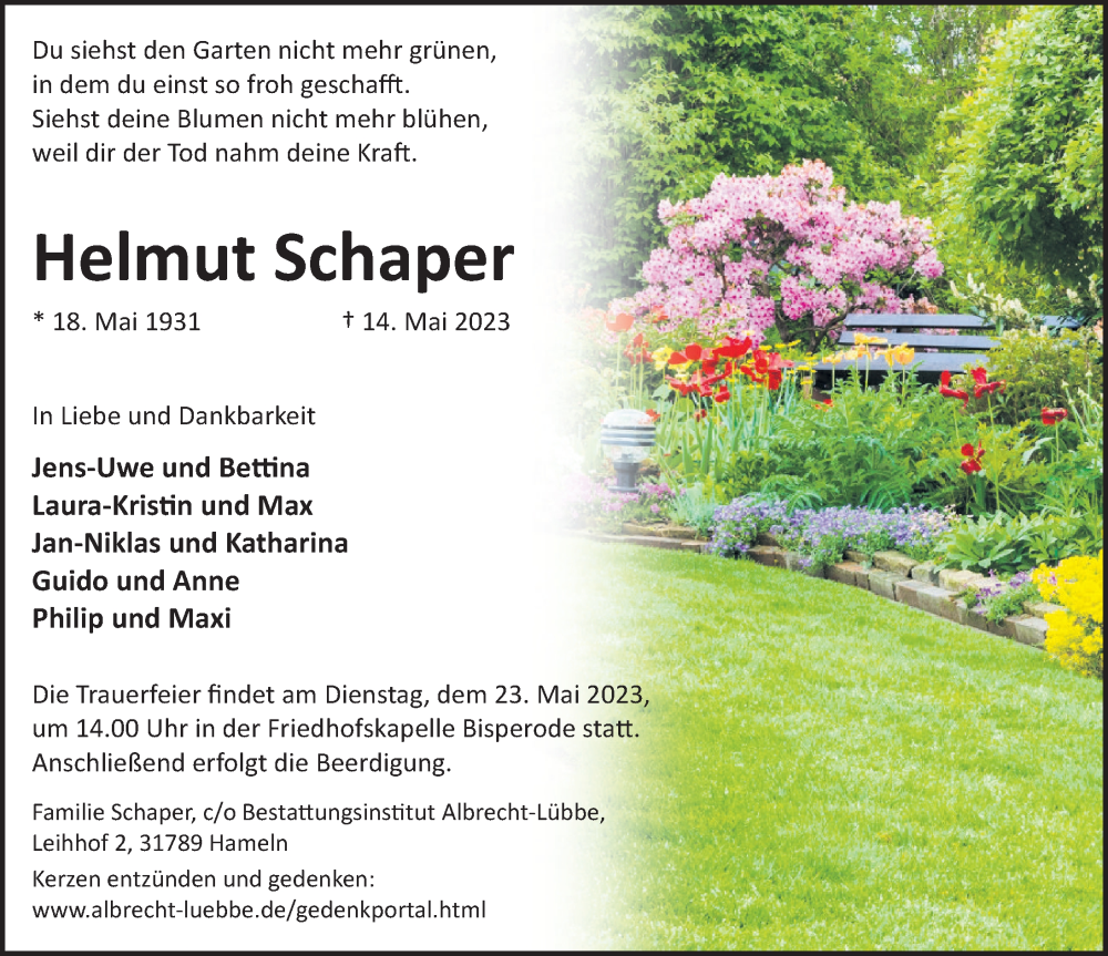  Traueranzeige für Helmut Schaper vom 20.05.2023 aus Deister- und Weserzeitung