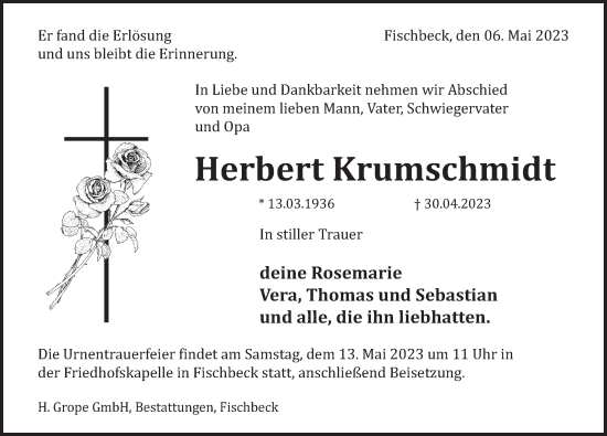 Traueranzeige von Herbert Krumschmidt von Deister- und Weserzeitung
