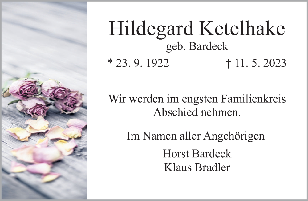  Traueranzeige für Hildegard Ketelhake vom 20.05.2023 aus Deister- und Weserzeitung