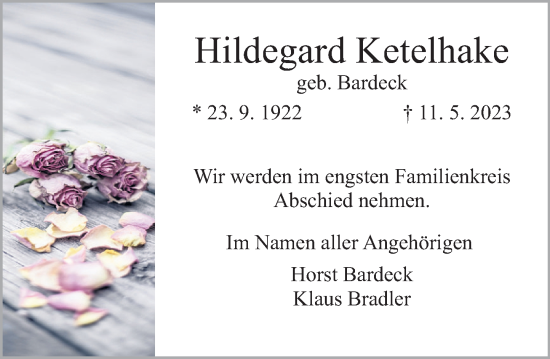 Traueranzeige von Hildegard Ketelhake von Deister- und Weserzeitung