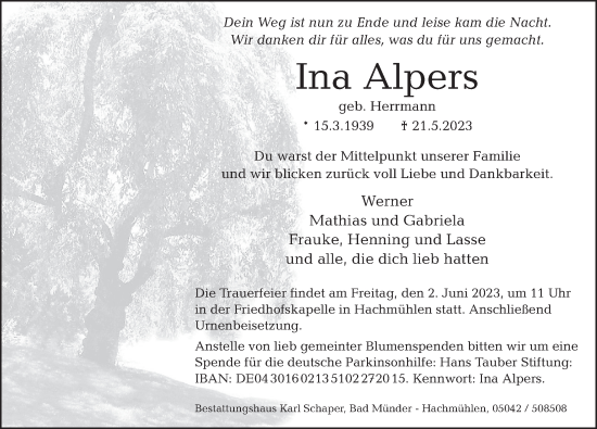 Traueranzeige von Ina Alpers von Neue Deister-Zeitung