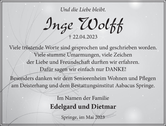 Traueranzeige von Inge Wolff von Neue Deister-Zeitung
