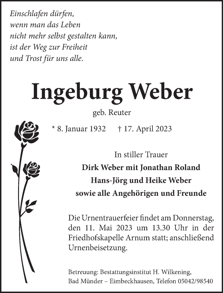  Traueranzeige für Ingeburg Weber vom 06.05.2023 aus Neue Deister-Zeitung