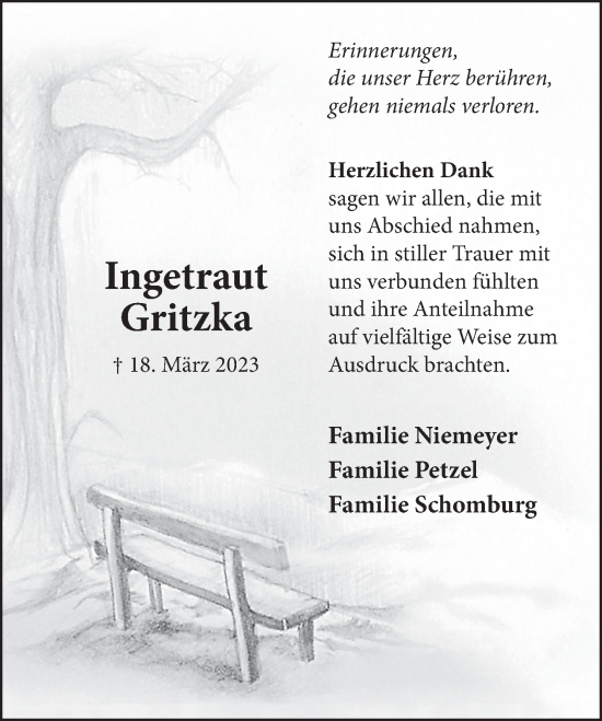 Traueranzeige von Ingetraut Gritzka von Neue Deister-Zeitung