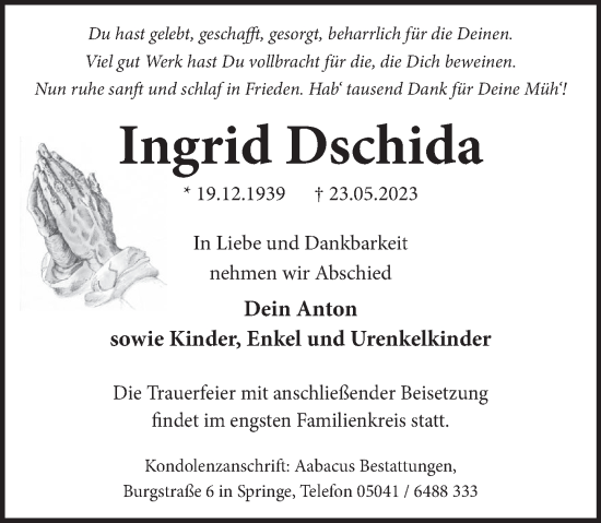 Traueranzeige von Ingrid Dschida von Neue Deister-Zeitung