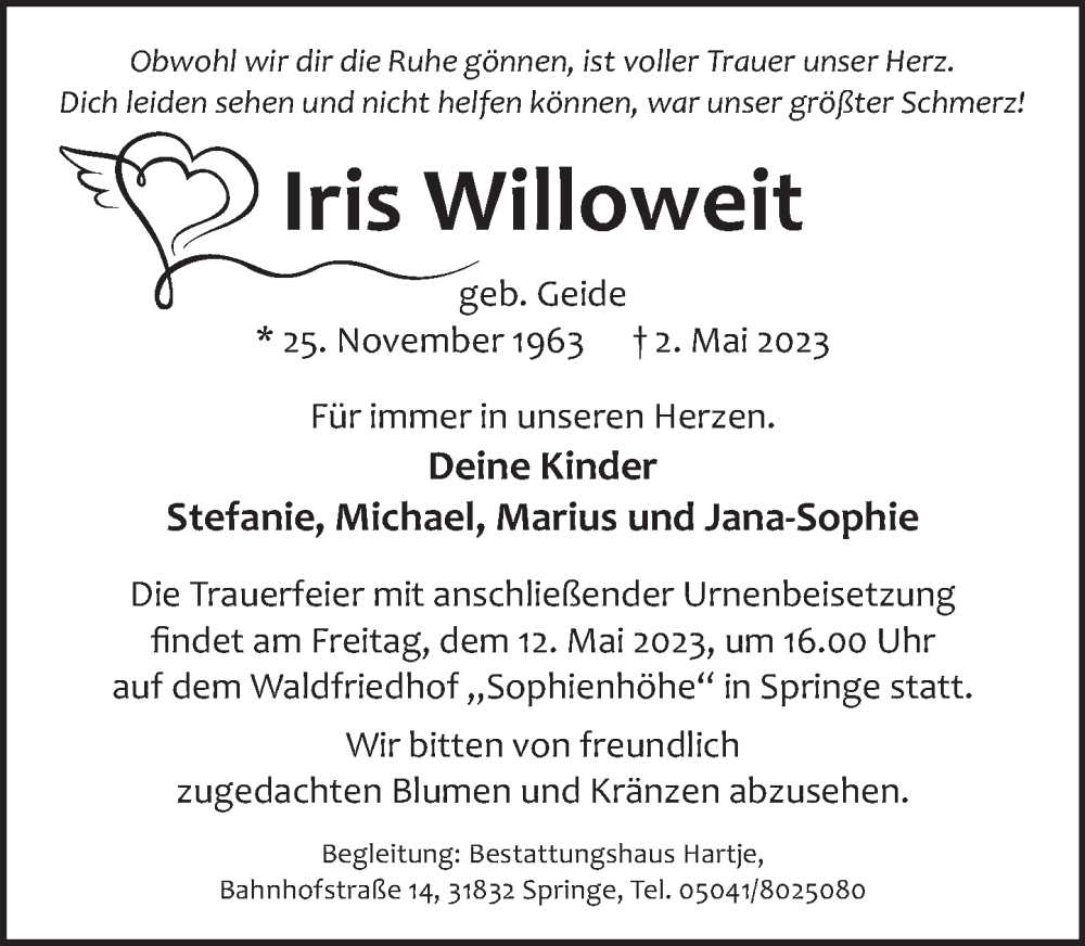 Traueranzeige für Iris Willoweit vom 06.05.2023 aus Neue Deister-Zeitung