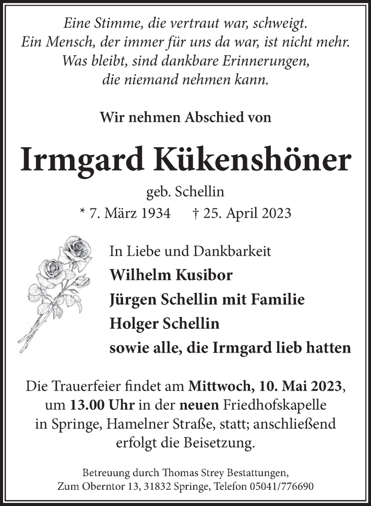 Traueranzeige für Irmgard Kükenshöner vom 06.05.2023 aus Neue Deister-Zeitung