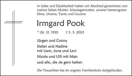 Traueranzeige von Irmgard Pook von Deister- und Weserzeitung