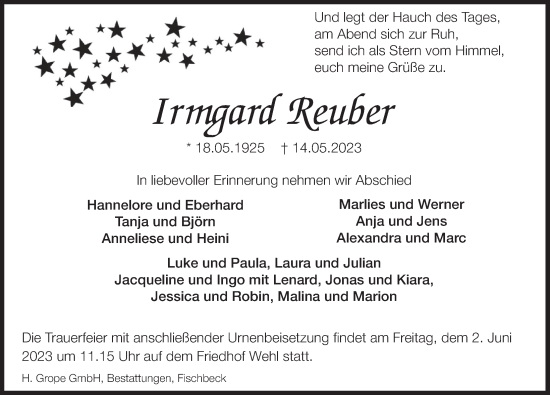 Traueranzeige von Irmgard Reuer von Deister- und Weserzeitung