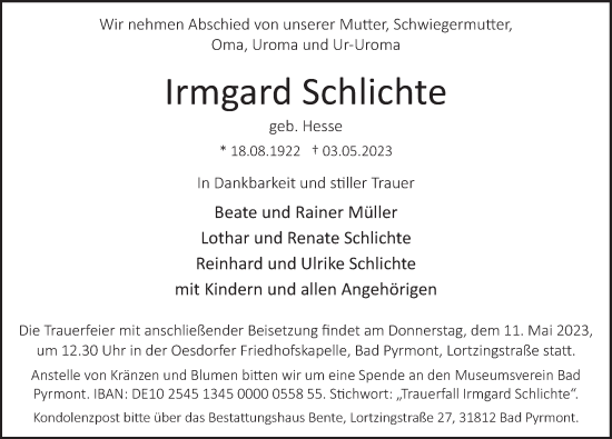 Traueranzeige von Irmgard Schlichte von Deister- und Weserzeitung