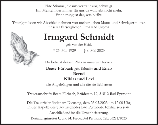 Traueranzeige von Irmgard Schmidt von Deister- und Weserzeitung