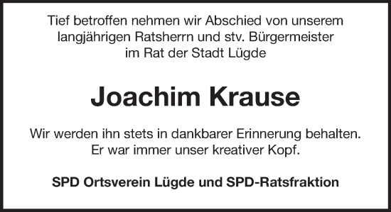 Traueranzeige von Joachim Krause von Deister- und Weserzeitung