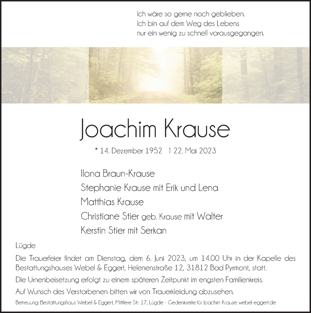  Traueranzeige für Joachim Krause vom 27.05.2023 aus Deister- und Weserzeitung