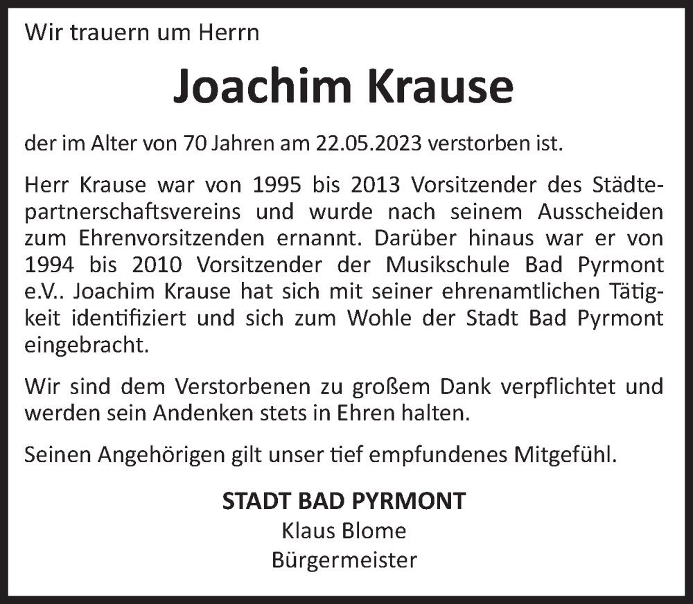  Traueranzeige für Joachim Krause vom 30.05.2023 aus Deister- und Weserzeitung