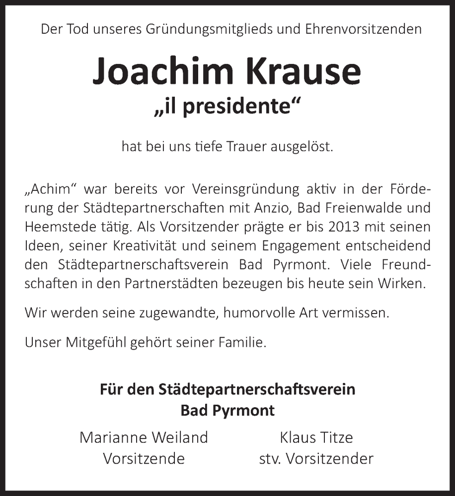  Traueranzeige für Joachim Krause vom 27.05.2023 aus Deister- und Weserzeitung