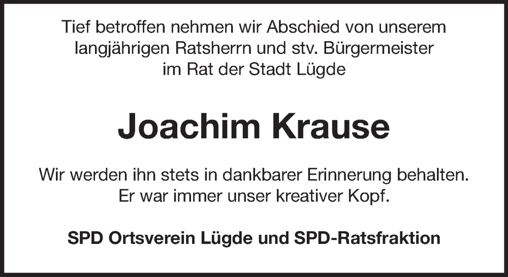  Traueranzeige für Joachim Krause vom 27.05.2023 aus Deister- und Weserzeitung