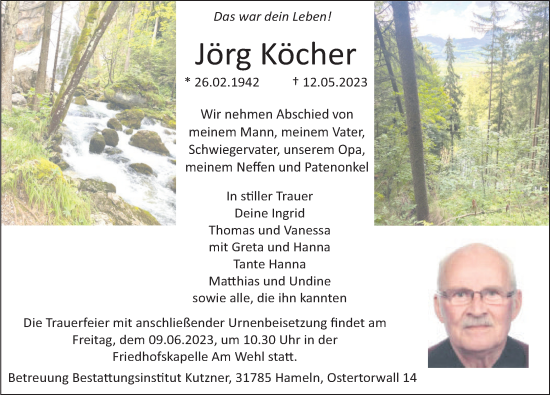 Traueranzeige von Jörg Köcher von Deister- und Weserzeitung