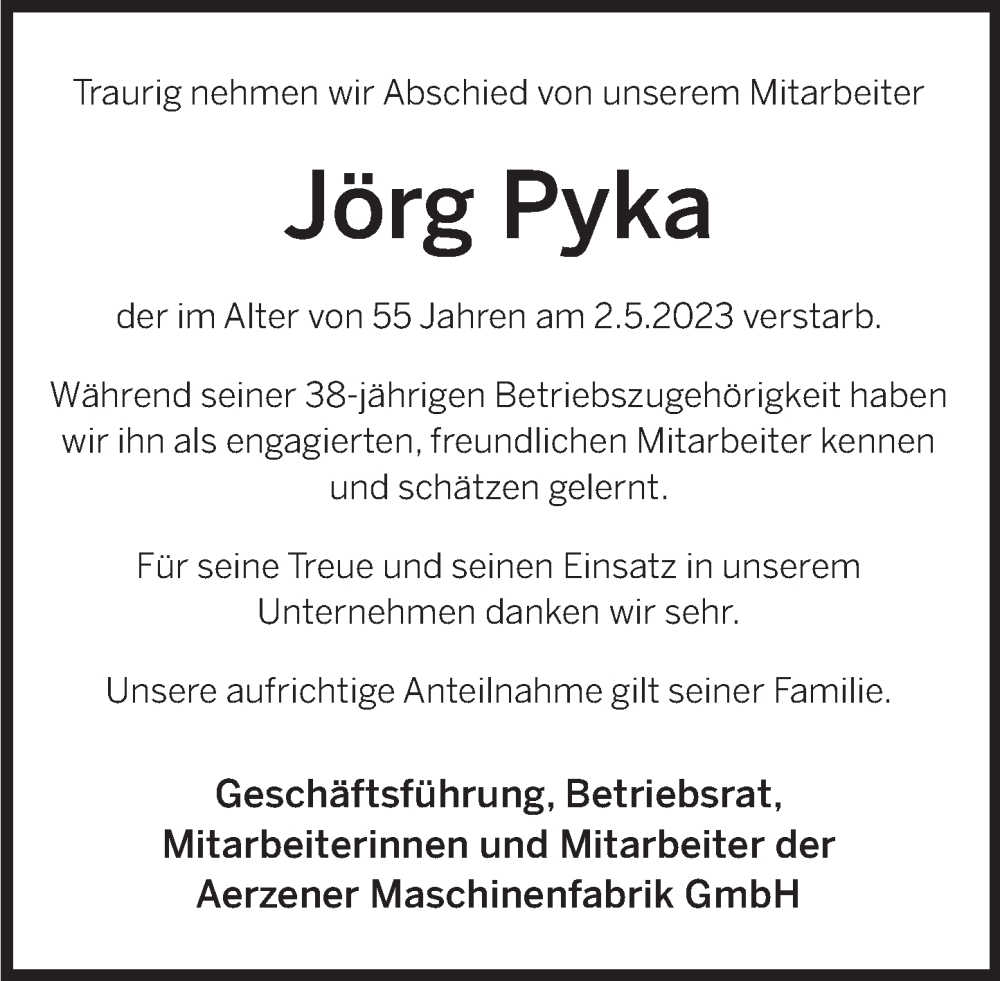  Traueranzeige für Jörg Pyka vom 09.05.2023 aus Deister- und Weserzeitung