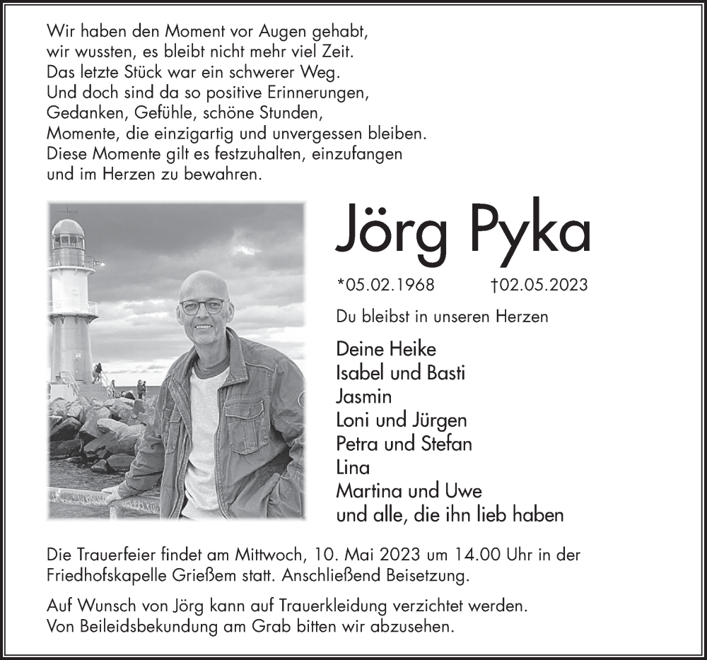  Traueranzeige für Jörg Pyka vom 06.05.2023 aus Deister- und Weserzeitung