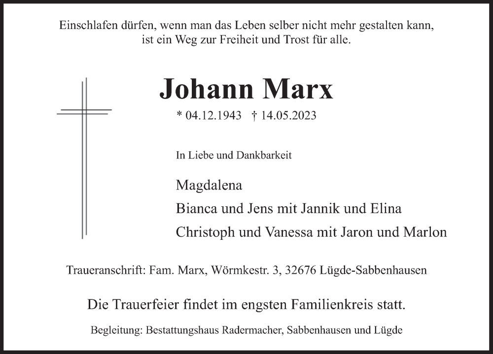  Traueranzeige für Johann Marx vom 20.05.2023 aus Deister- und Weserzeitung