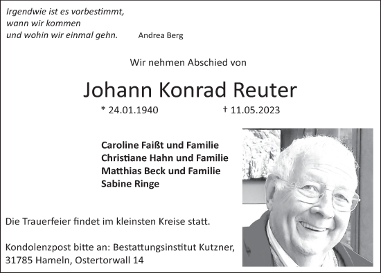 Traueranzeige von Johann Konrad Reuter von Deister- und Weserzeitung